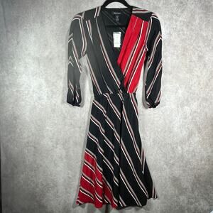 White House Black‎ Market Dress Womens 00 Black Red Striped Silk Faux Wrap NEW